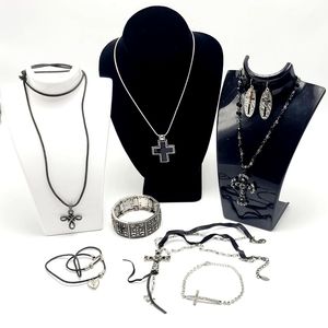 Cross Jewelry Lot Black and Silver Rhinestones Necklaces Bracelets Earrings